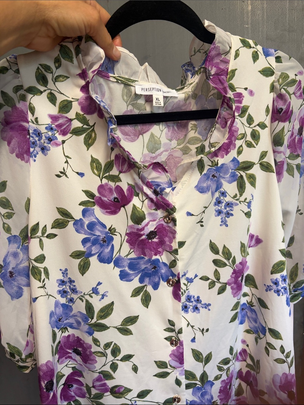 Perseption White Floral Ruffle V-Neck Blouse with Purple & Blue Flowers